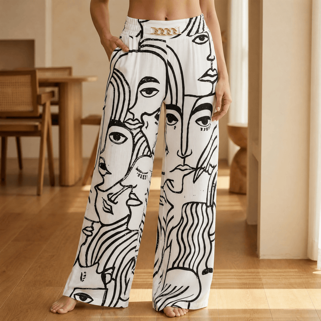 Portia | Women's Wide Leg Trousers with Gold Chain Waist - Cream - Image 16