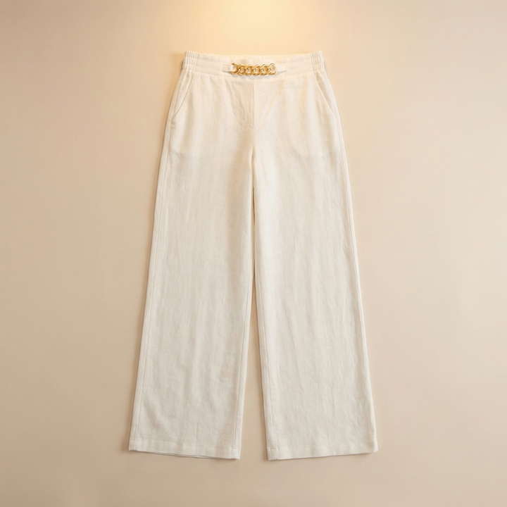 Portia | Women's Wide Leg Trousers with Gold Chain Waist - Cream - Image 2