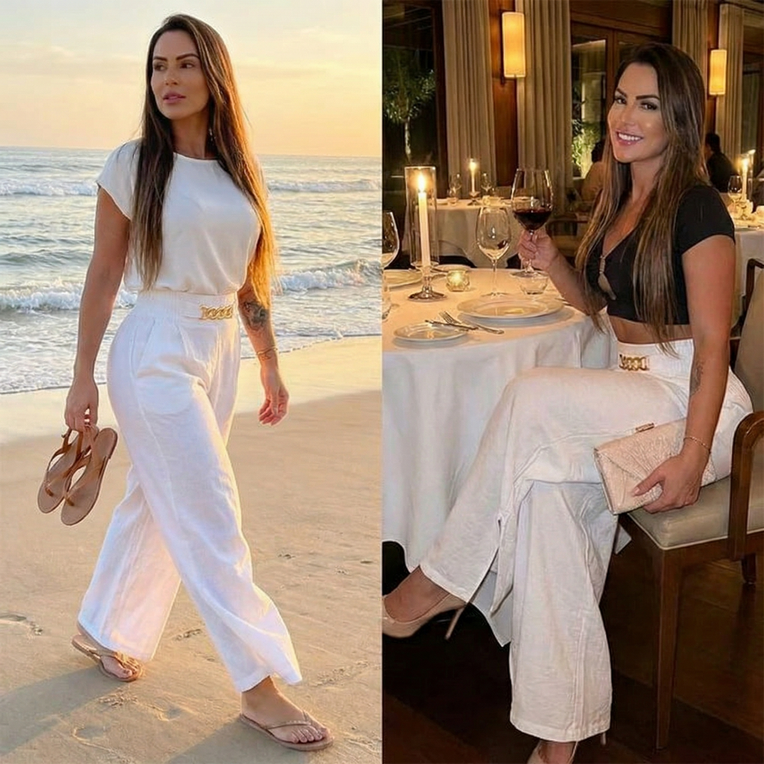 Portia | Women's Wide Leg Trousers with Gold Chain Waist - Cream - Image 5