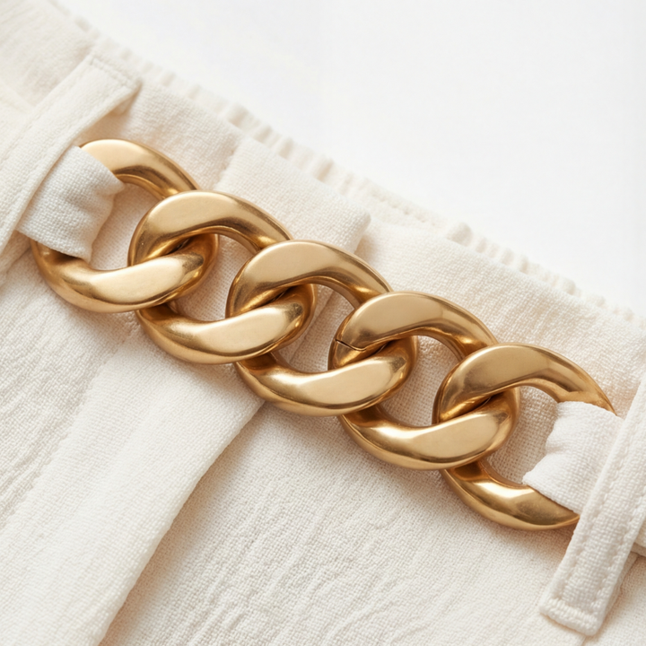 Portia | Women's Wide Leg Trousers with Gold Chain Waist - Cream - Image 9