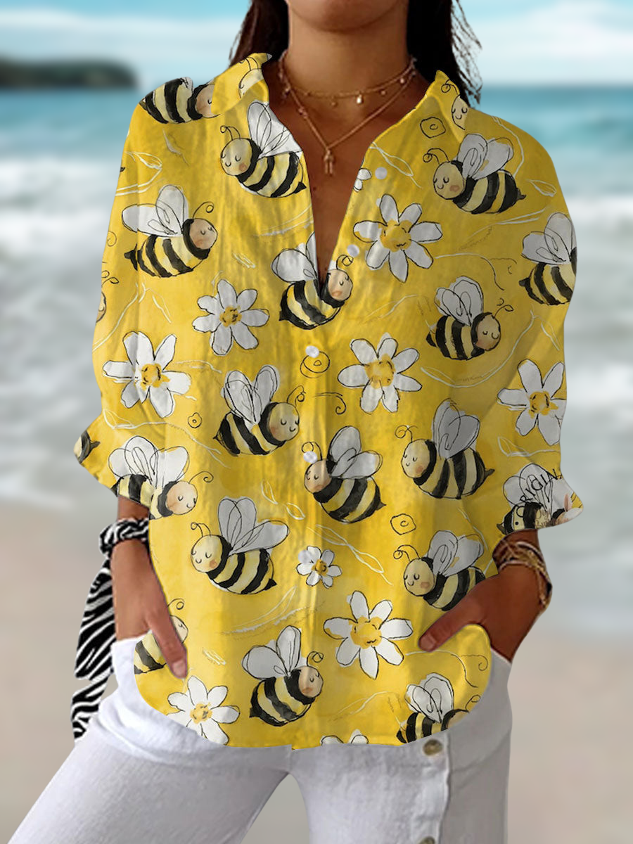 Prindelle | Women's Bee Print Long Sleeve Blouse - Yellow - Image 1