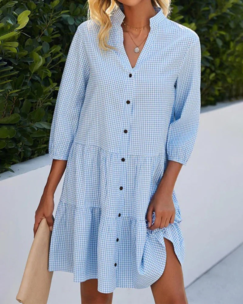 Prindelle | Women's Gingham Midi Shirt Dress - Sky Blue - Image 3