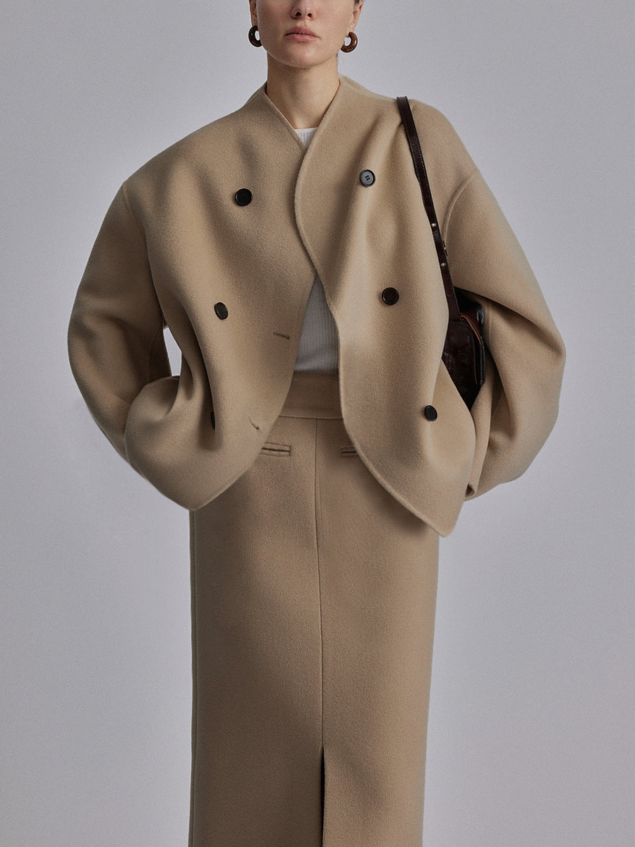 Priscilla | Women's Double Breasted Short Coat - Beige - Image 10