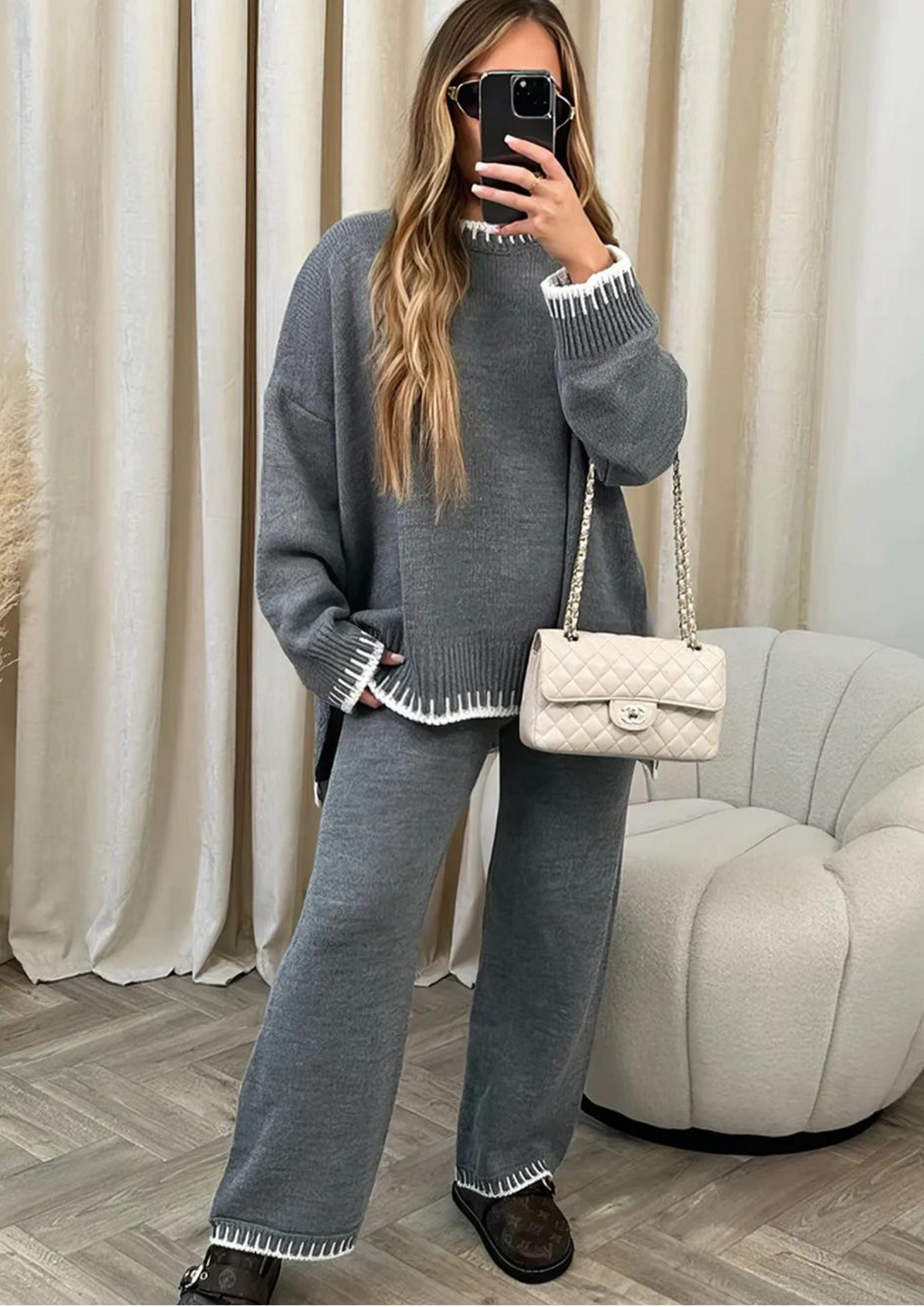 Priscilla | Women's Wide Leg Loungewear Set - Beige - Image 6