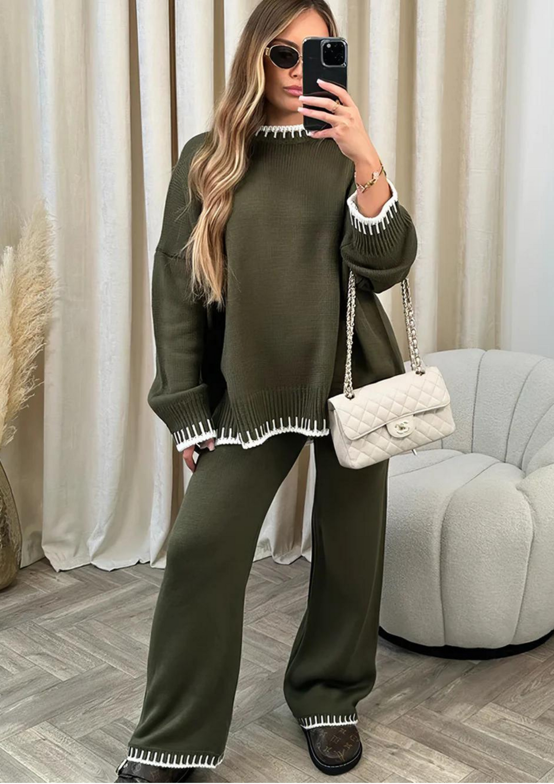 Priscilla | Women's Wide Leg Loungewear Set - Beige - Image 7