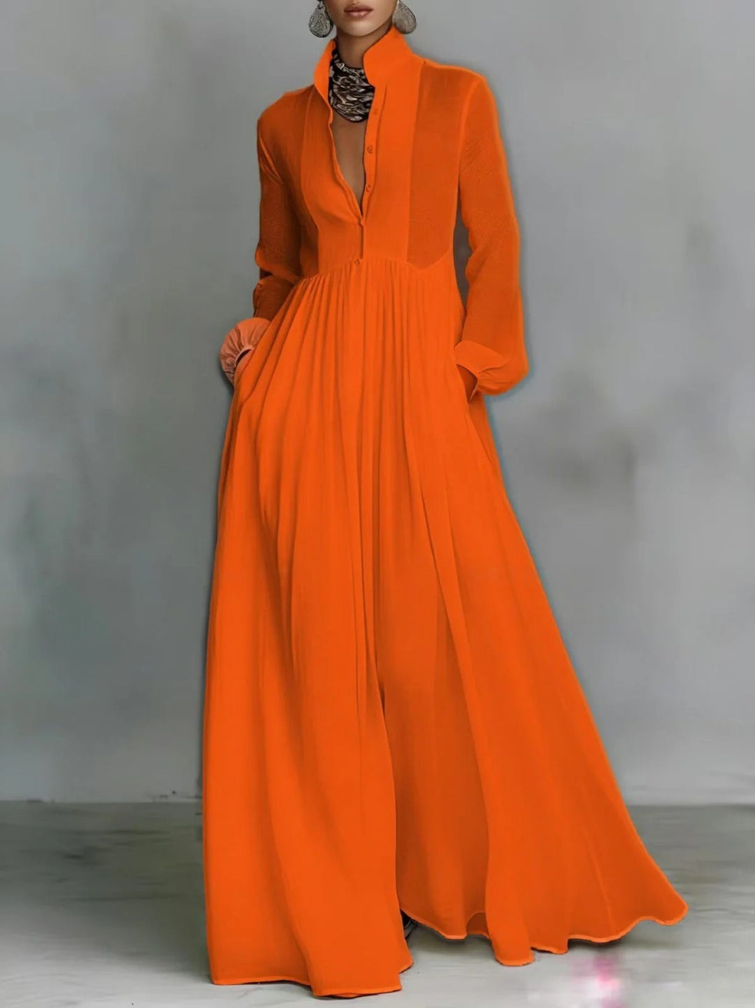 Quelinda | Women's Summer Maxi Dress Long Sleeve - Orange - Image 1