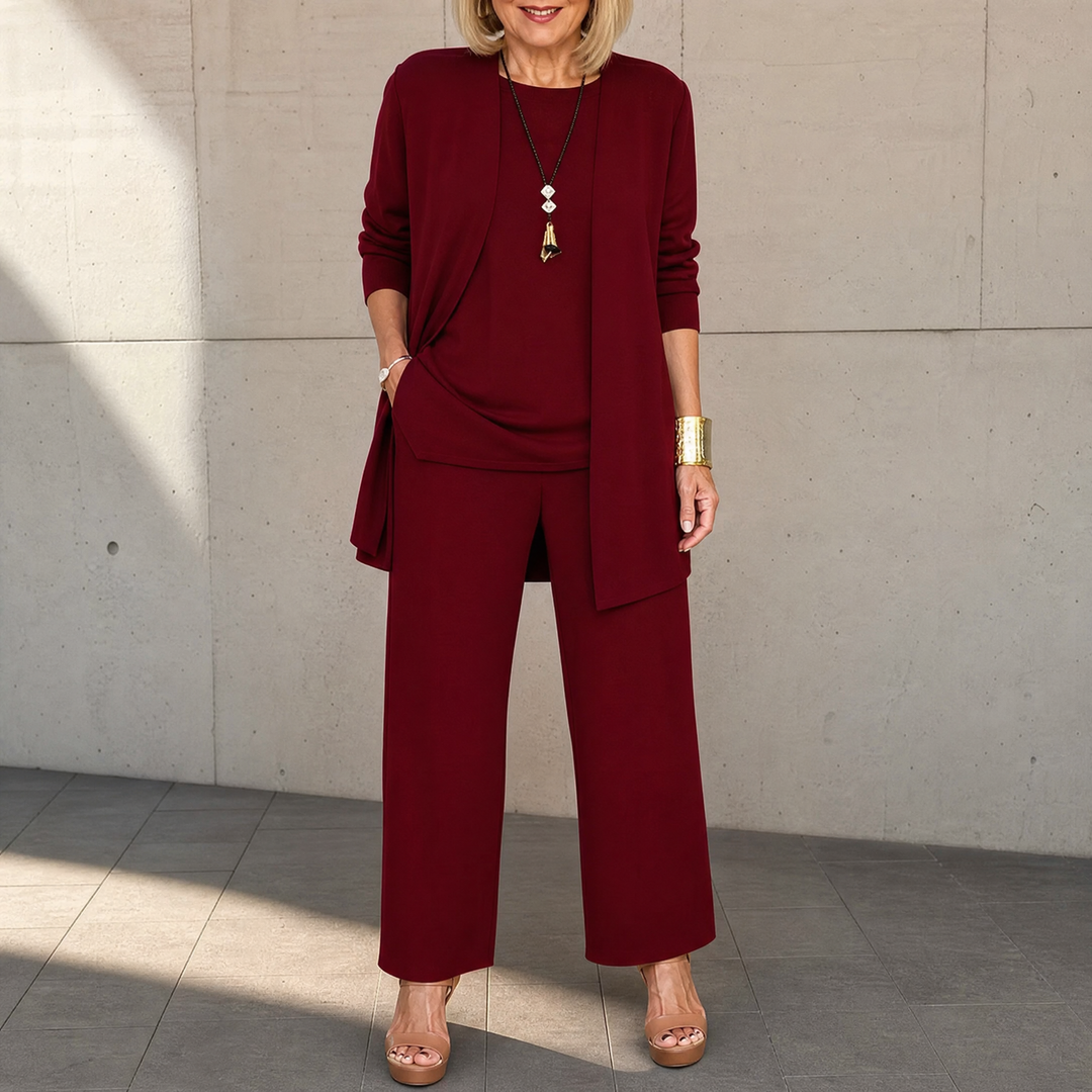 Quinley | Women's 3-Piece Pants Set with Drape Cardigan - Burgundy - Image 1