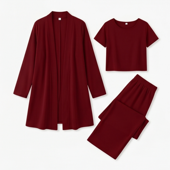 Quinley | Women's 3-Piece Pants Set with Drape Cardigan - Burgundy - Image 11