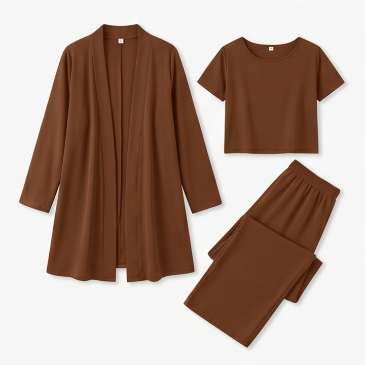 Quinley | Women's 3-Piece Pants Set with Drape Cardigan - Burgundy - Image 15