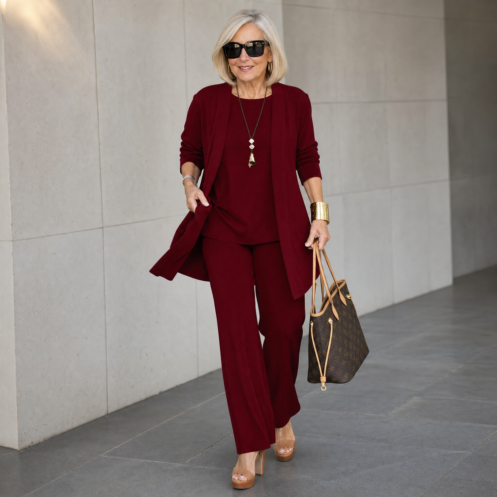 Quinley | Women's 3-Piece Pants Set with Drape Cardigan - Burgundy - Image 2