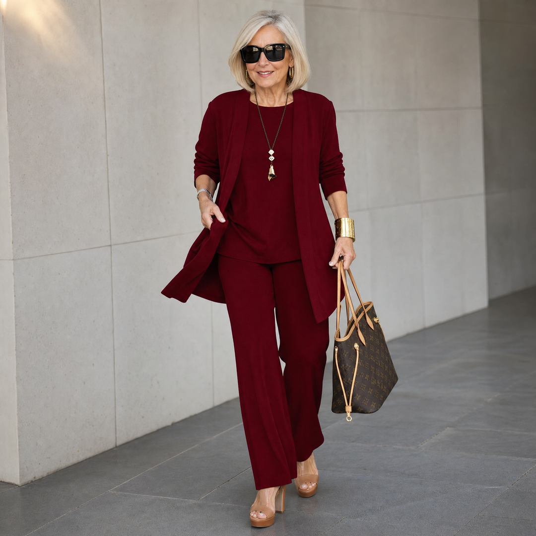 Quinley | Women's 3-Piece Pants Set with Drape Cardigan - Burgundy - Image 2