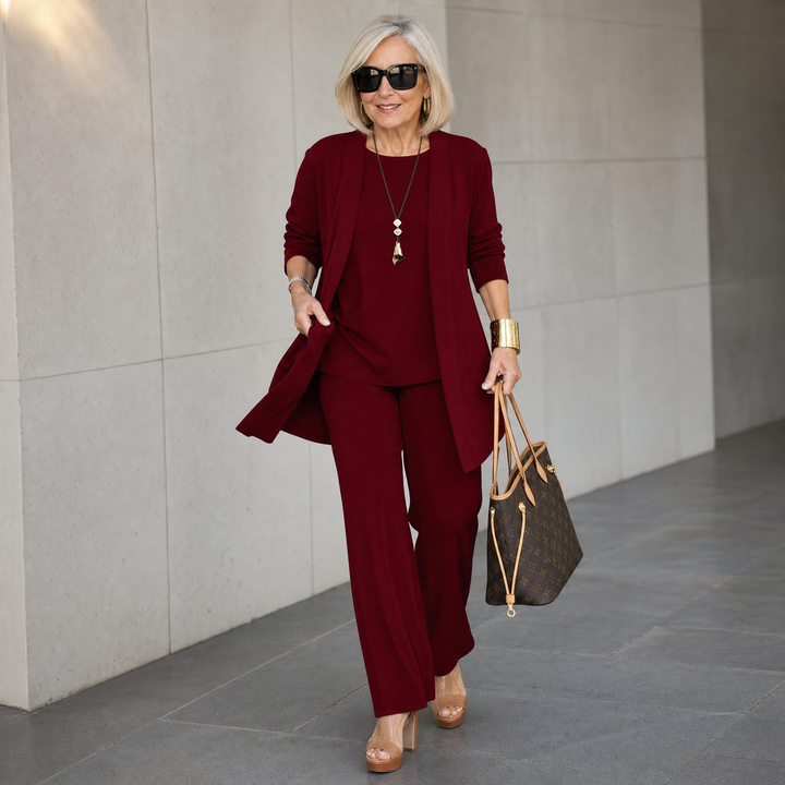 Quinley | Women's 3-Piece Pants Set with Drape Cardigan - Burgundy - Image 2