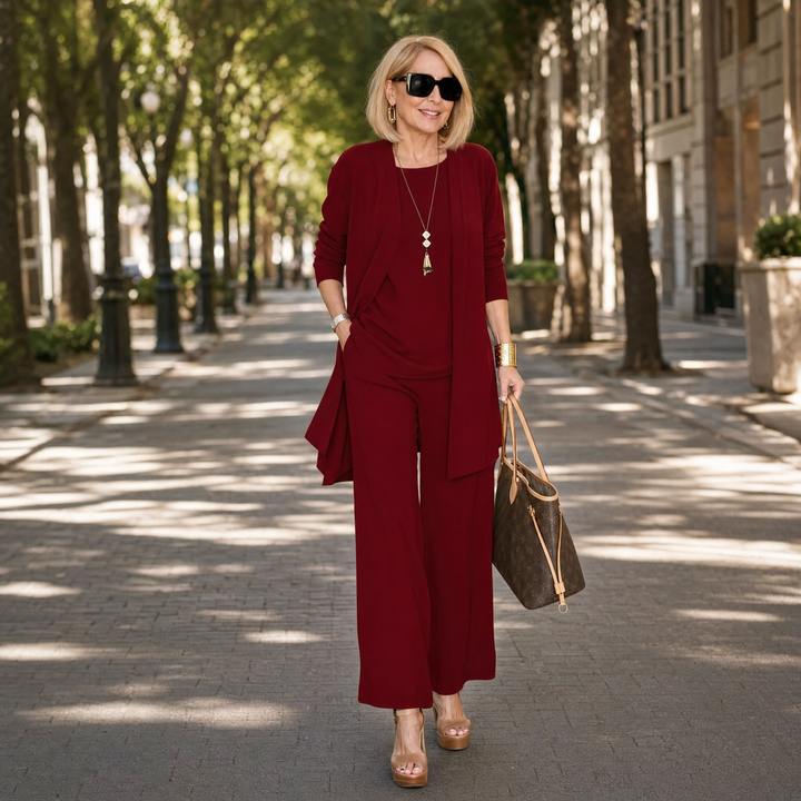 Quinley | Women's 3-Piece Pants Set with Drape Cardigan - Burgundy - Image 3