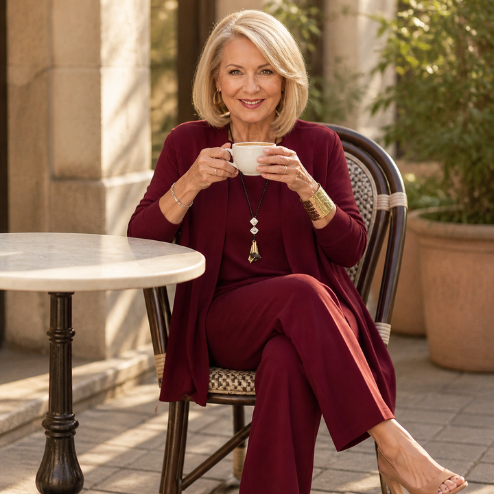 Quinley | Women's 3-Piece Pants Set with Drape Cardigan - Burgundy - Image 4