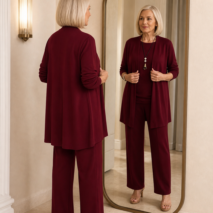 Quinley | Women's 3-Piece Pants Set with Drape Cardigan - Burgundy - Image 6