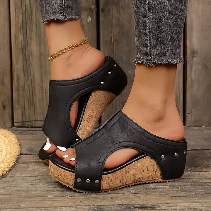 Quinley | Women's Wedge Sandals with Cork Platform - Black - Image 1