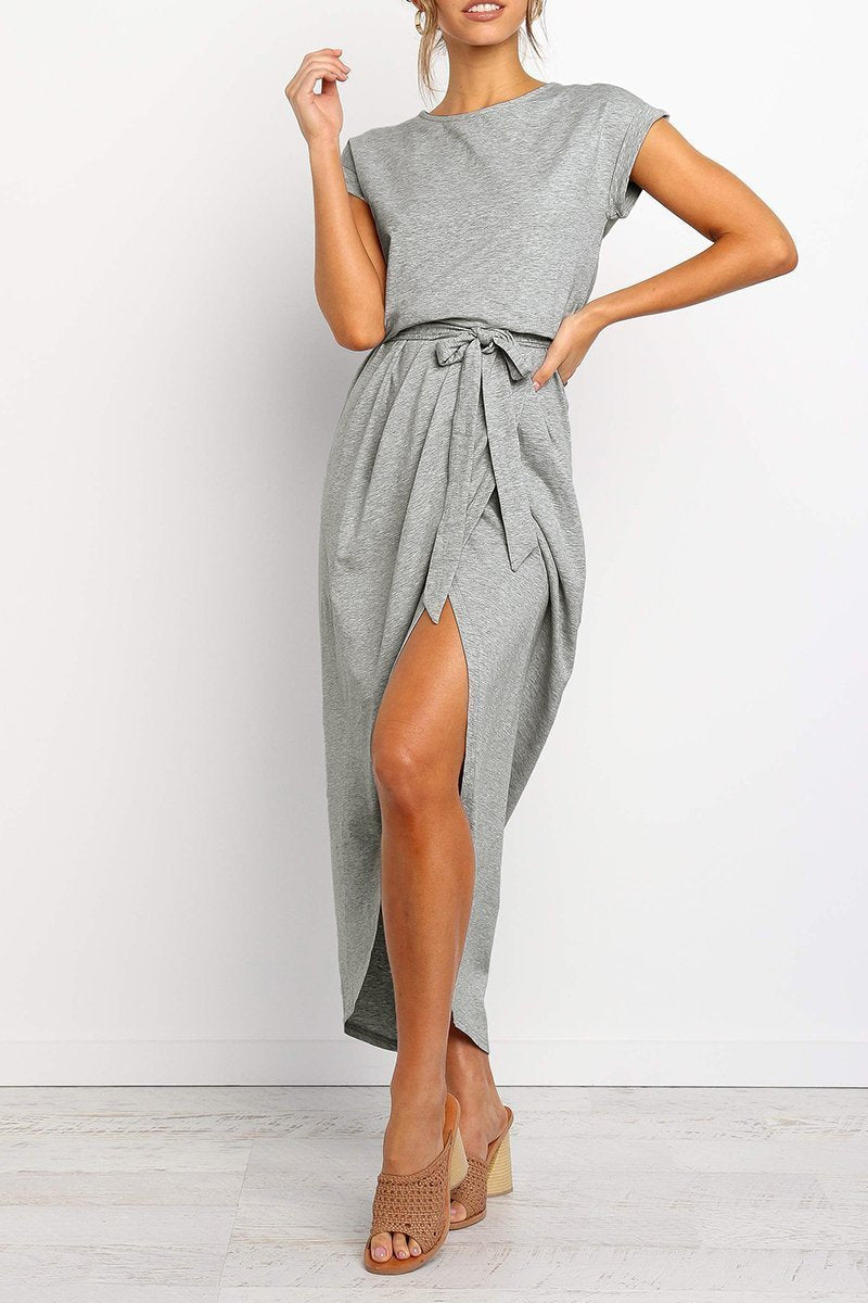 Quivara | Women's Casual Midi Dress with Tie Waist - Grey - Image 10