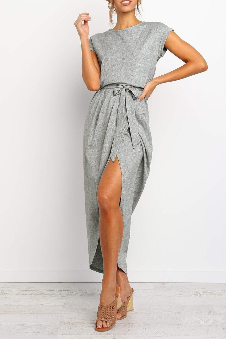 Quivara | Women's Casual Midi Dress with Tie Waist - Grey - Image 10