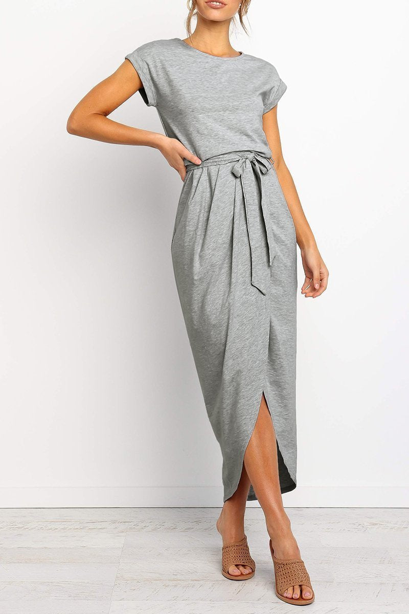 Quivara | Women's Casual Midi Dress with Tie Waist - Grey - Image 11
