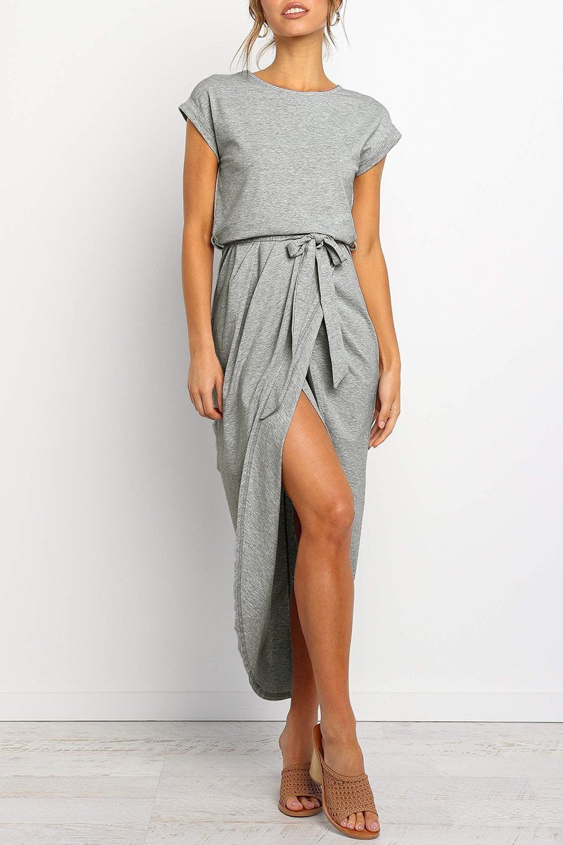 Quivara | Women's Casual Midi Dress with Tie Waist - Grey - Image 12