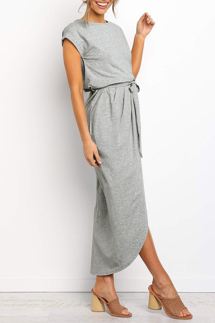 Quivara | Women's Casual Midi Dress with Tie Waist - Grey - Image 14