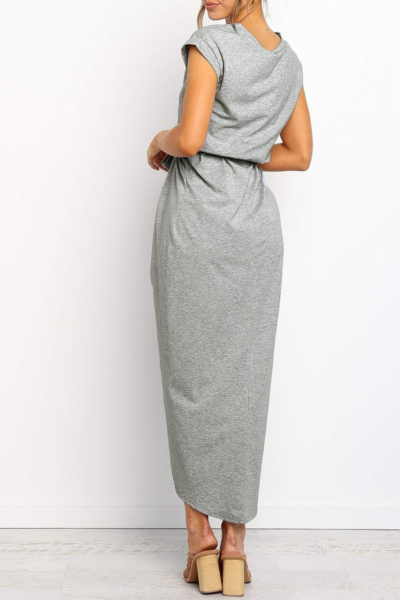 Quivara | Women's Casual Midi Dress with Tie Waist - Grey - Image 15