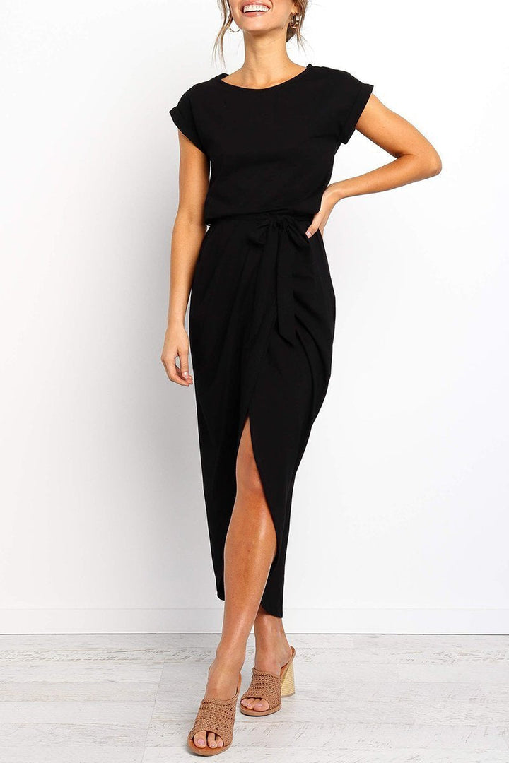 Quivara | Women's Casual Midi Dress with Tie Waist - Grey - Image 16