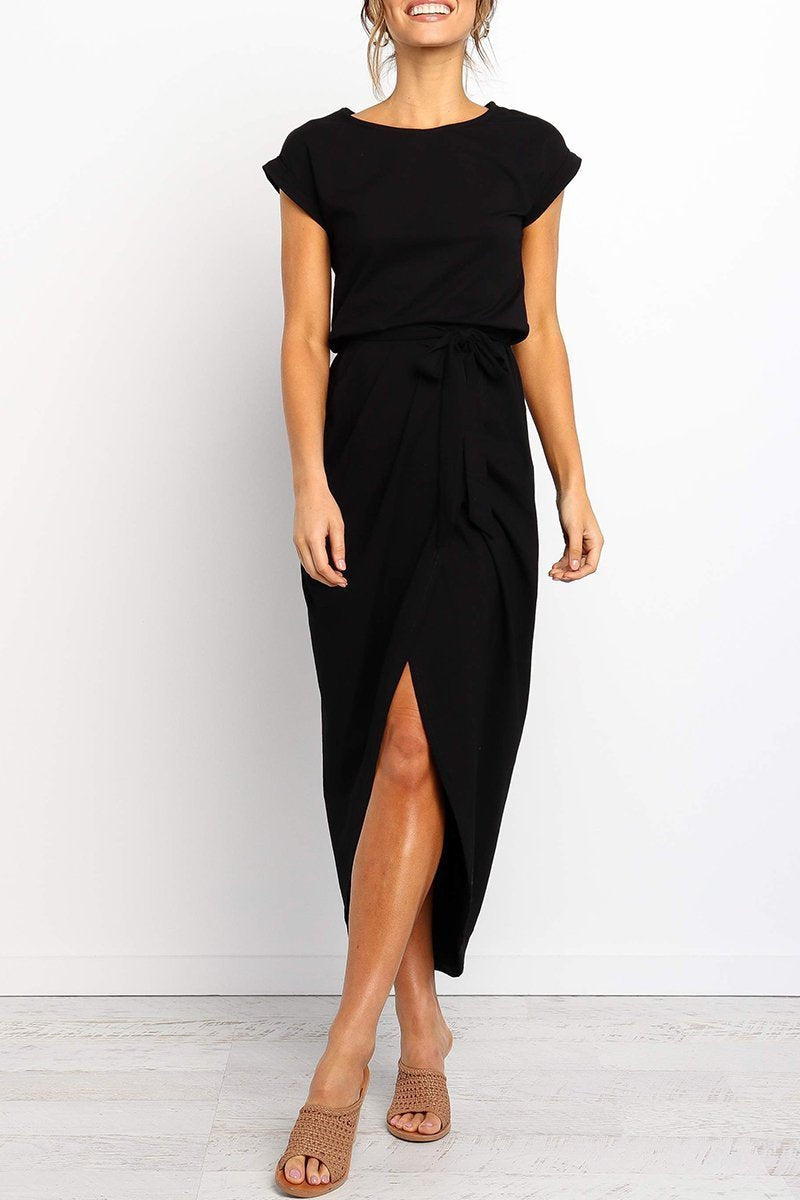Quivara | Women's Casual Midi Dress with Tie Waist - Grey - Image 18