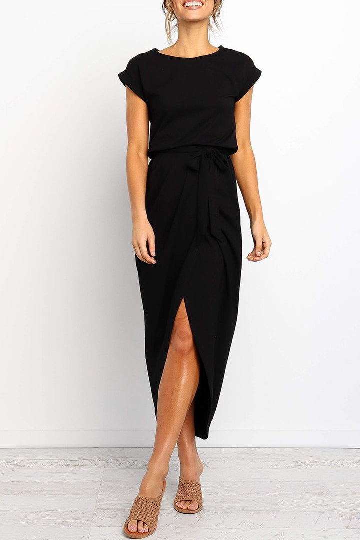 Quivara | Women's Casual Midi Dress with Tie Waist - Grey - Image 18