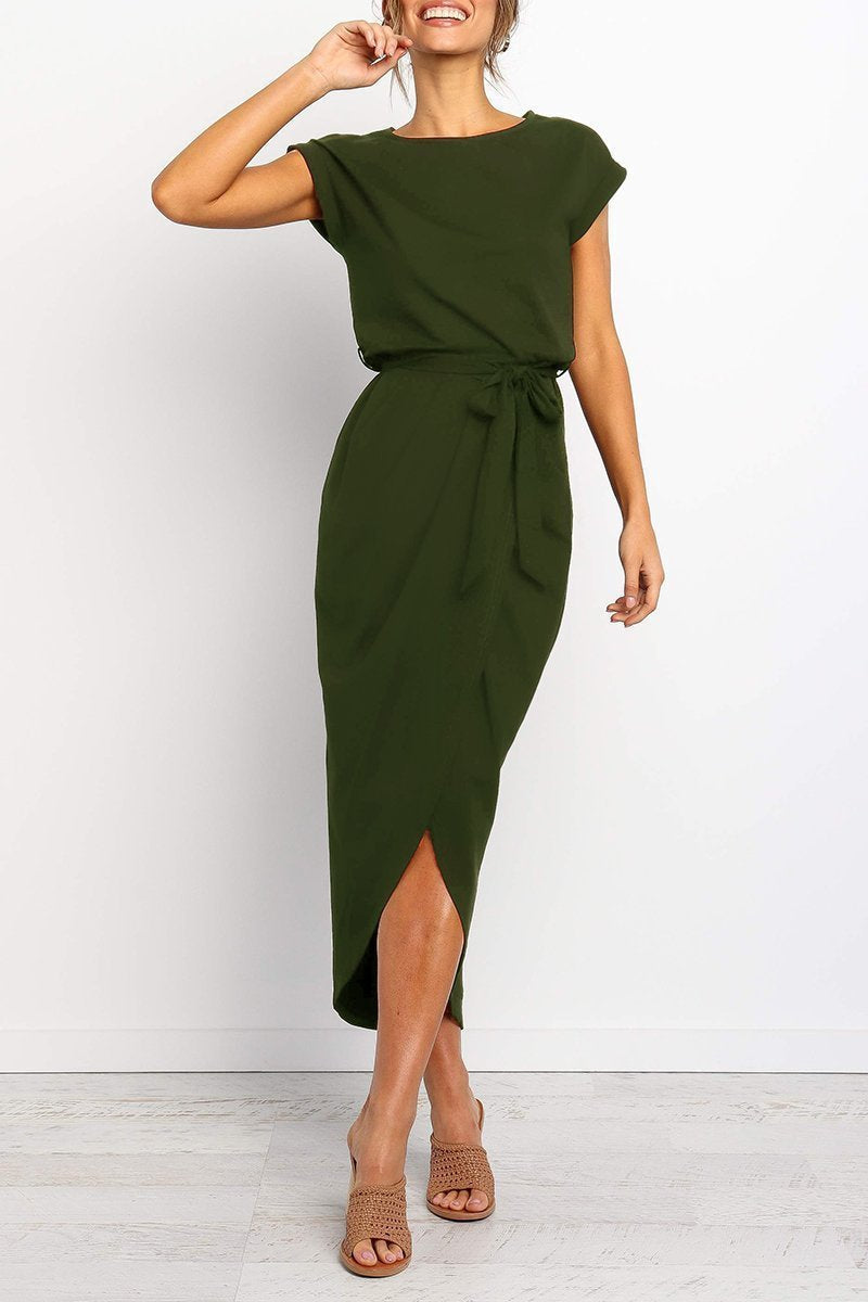 Quivara | Women's Casual Midi Dress with Tie Waist - Grey - Image 2