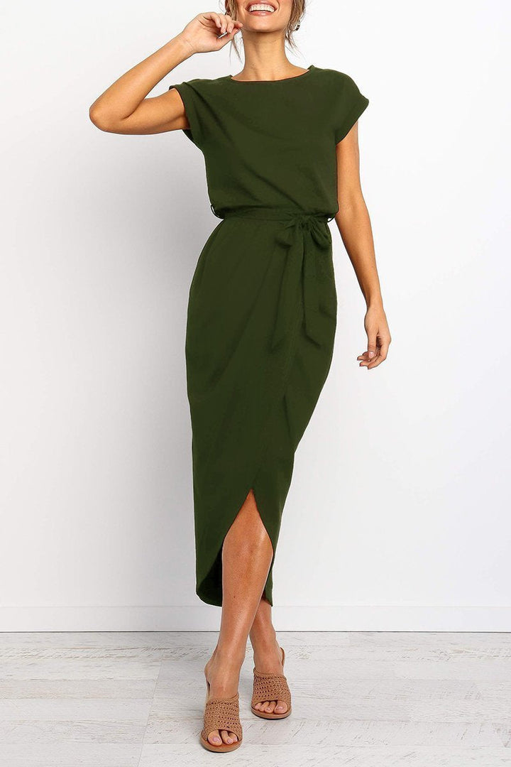 Quivara | Women's Casual Midi Dress with Tie Waist - Grey - Image 2