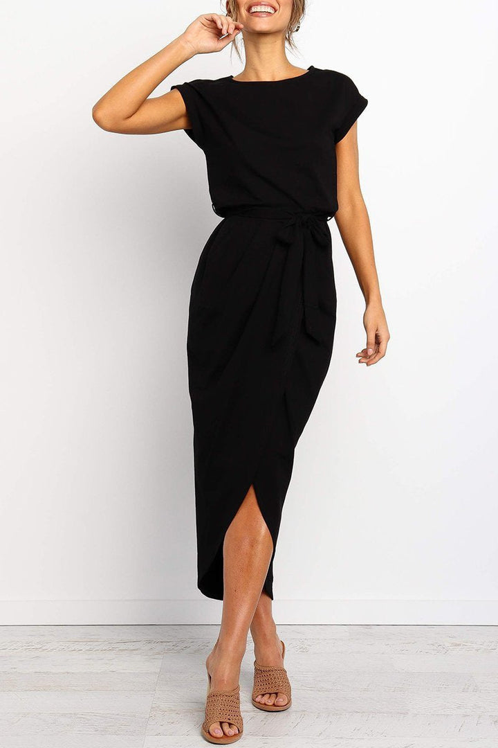 Quivara | Women's Casual Midi Dress with Tie Waist - Grey - Image 21