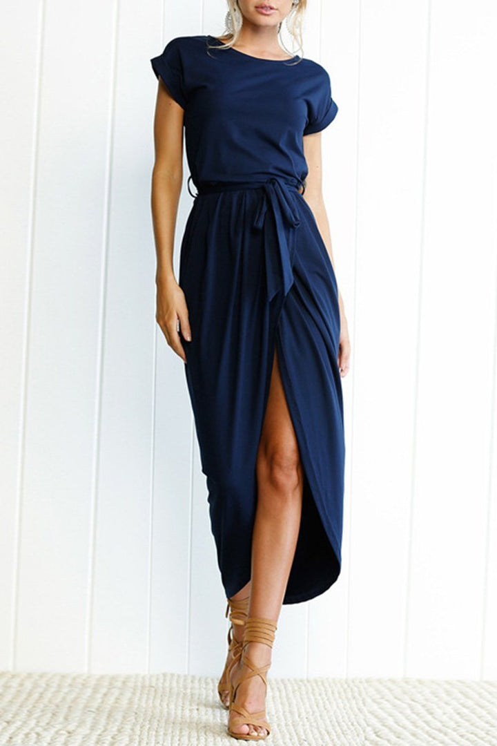 Quivara | Women's Casual Midi Dress with Tie Waist - Grey - Image 22