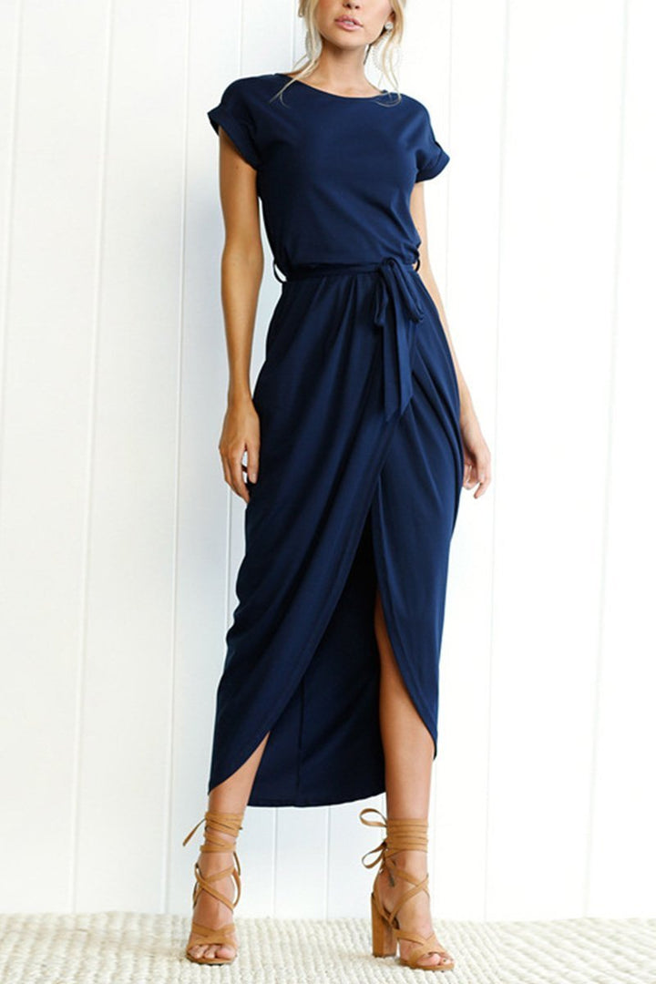 Quivara | Women's Casual Midi Dress with Tie Waist - Grey - Image 24