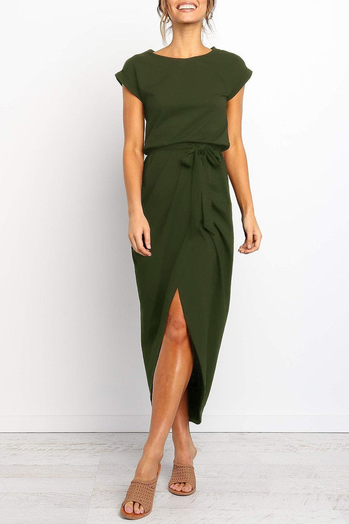Quivara | Women's Casual Midi Dress with Tie Waist - Grey - Image 3