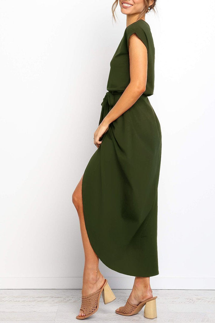Quivara | Women's Casual Midi Dress with Tie Waist - Grey - Image 4