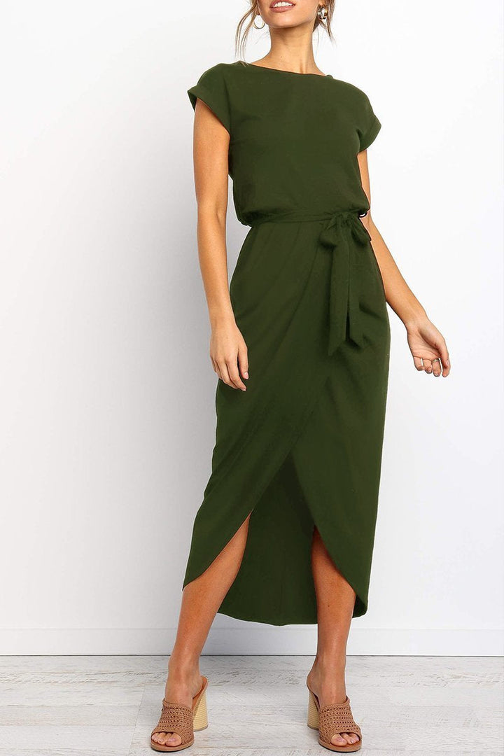 Quivara | Women's Casual Midi Dress with Tie Waist - Grey - Image 5