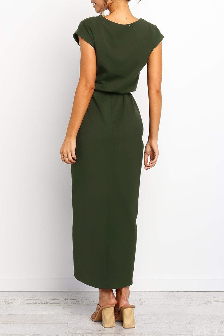 Quivara | Women's Casual Midi Dress with Tie Waist - Grey - Image 6