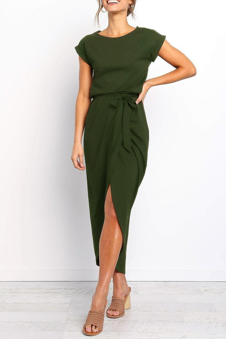 Quivara | Women's Casual Midi Dress with Tie Waist - Grey - Image 7
