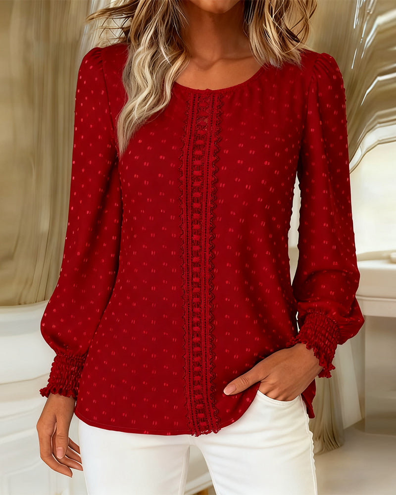 Quorwyn | Women's Boho Long Sleeve Lace Trim Blouse - Red - Image 1