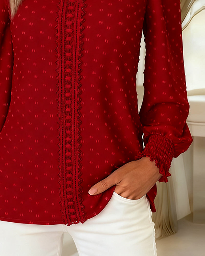 Quorwyn | Women's Boho Long Sleeve Lace Trim Blouse - Red - Image 2