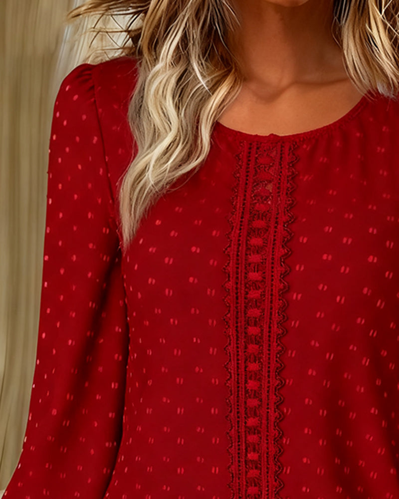 Quorwyn | Women's Boho Long Sleeve Lace Trim Blouse - Red - Image 3