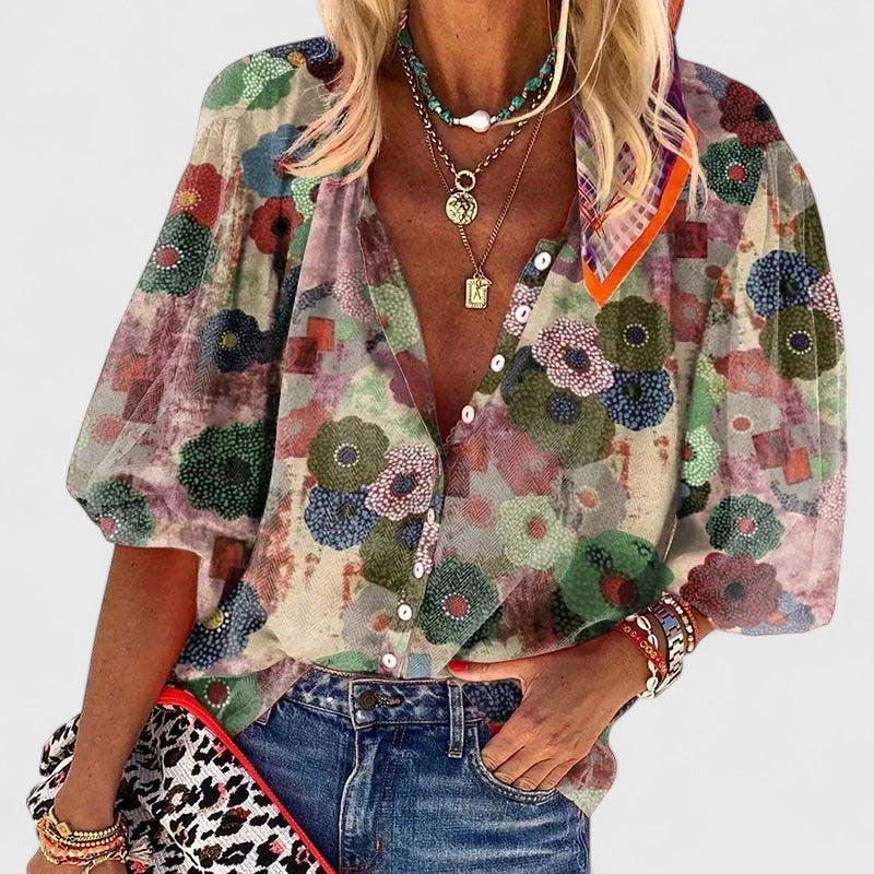 Raffaela | Women's Floral Print 3/4 Sleeve Button Blouse - Floral - Image 1
