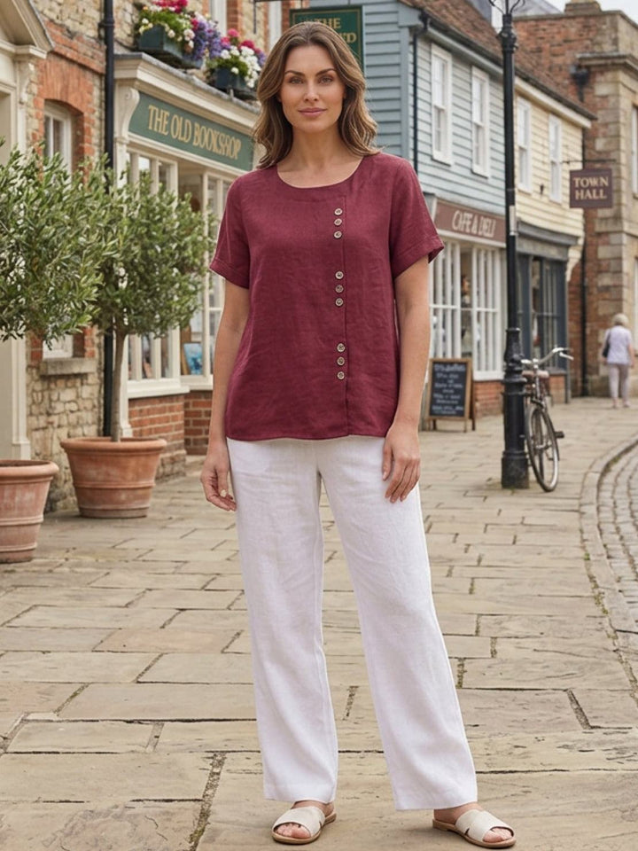Olive | Women's Casual Tee Short Sleeve Scoop Neck Button Detail Top
