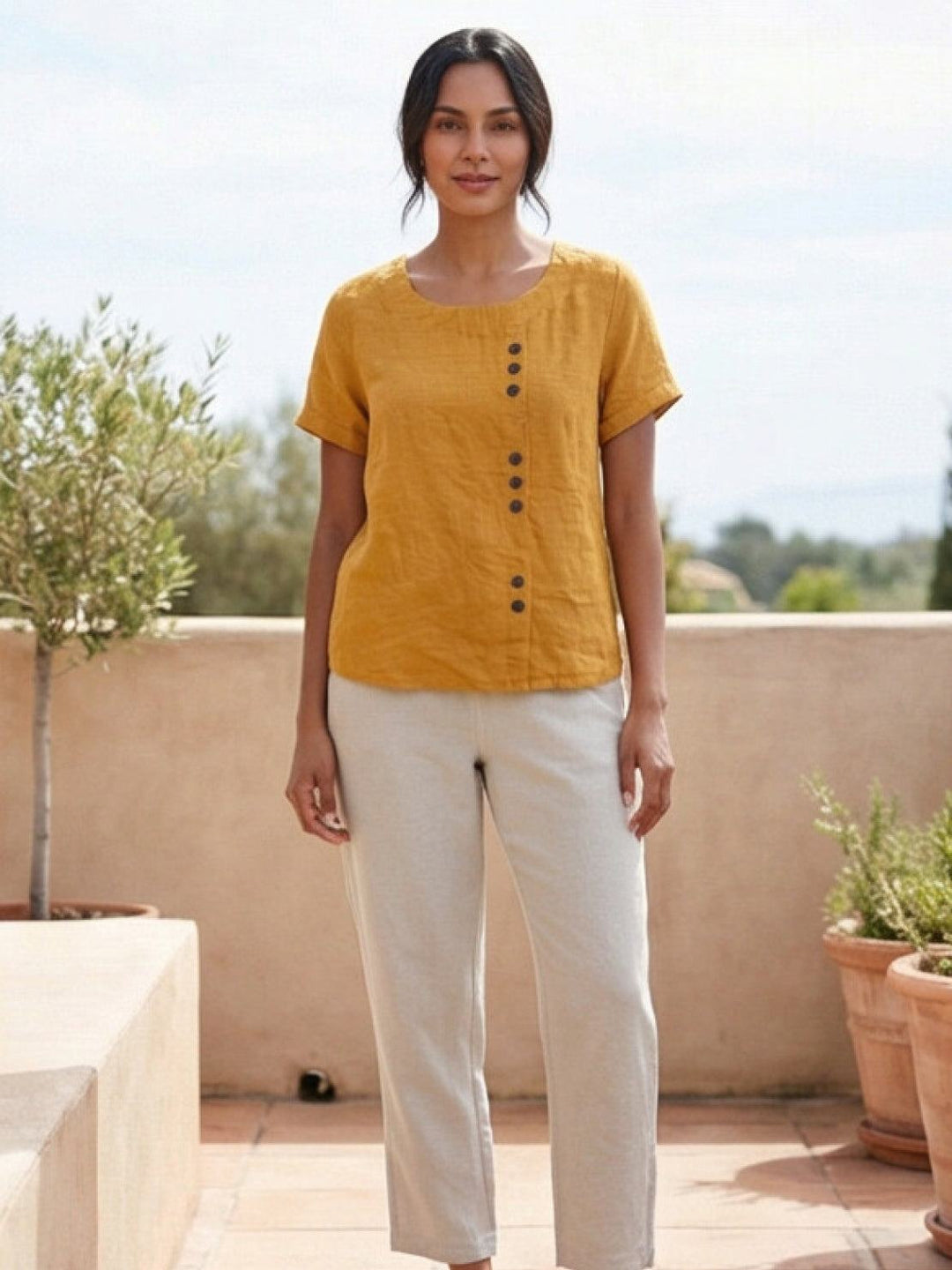Olive | Women's Casual Tee Short Sleeve Scoop Neck Button Detail Top