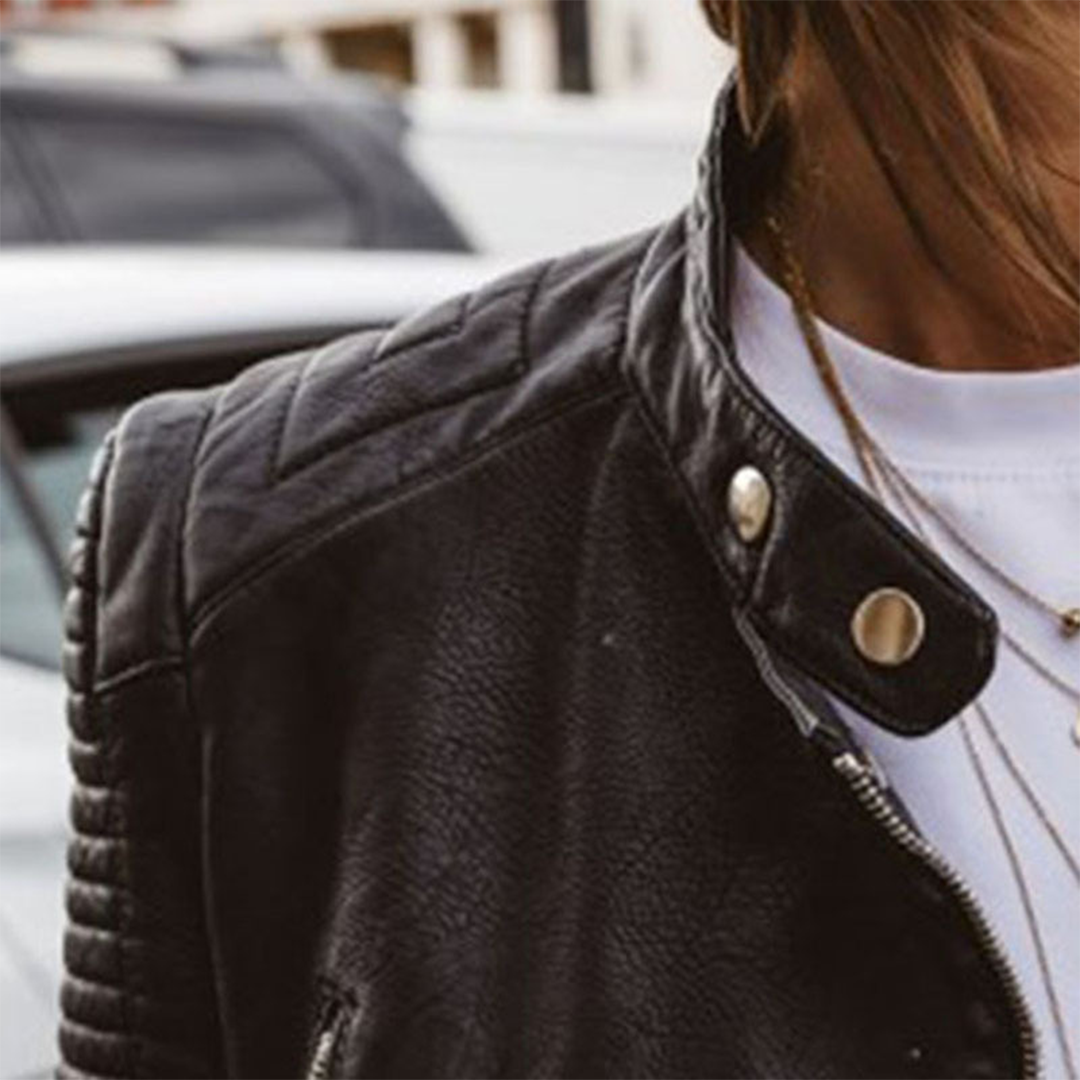 Remy | Women's Biker Jacket with Ribbed Sleeves - Black - Image 3