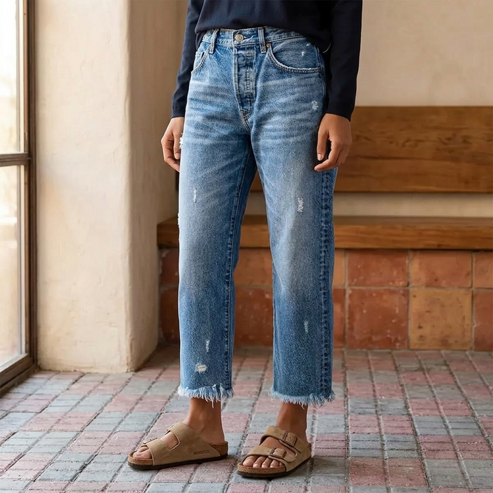 Renata | Women's Straight Leg Cropped Raw Hem Jeans - Light Blue - Image 1