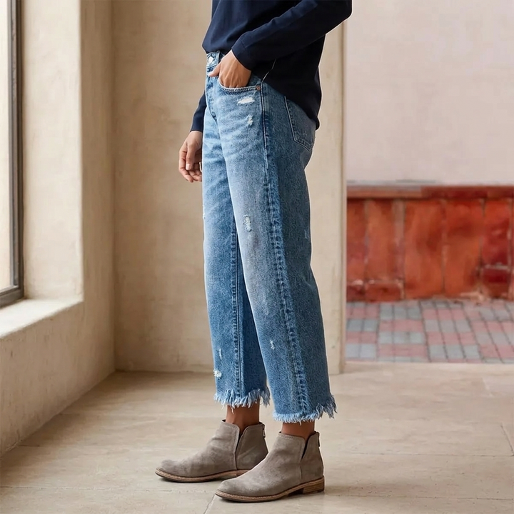 Renata | Women's Straight Leg Cropped Raw Hem Jeans - Light Blue - Image 2