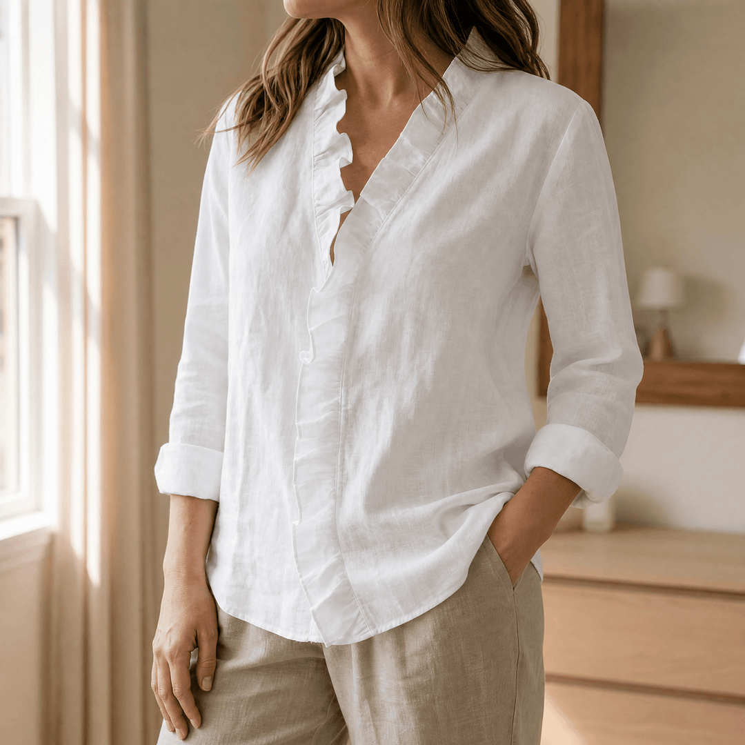 Rennick | Women's Ruffle Neck Long Sleeve Blouse - White - Image 11