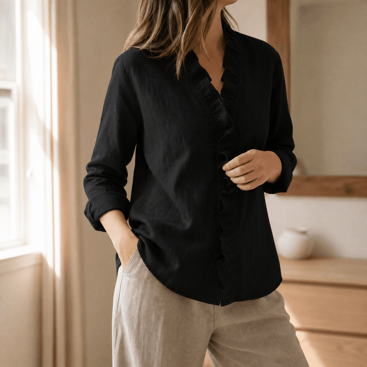Rennick | Women's Ruffle Neck Long Sleeve Blouse - White - Image 12
